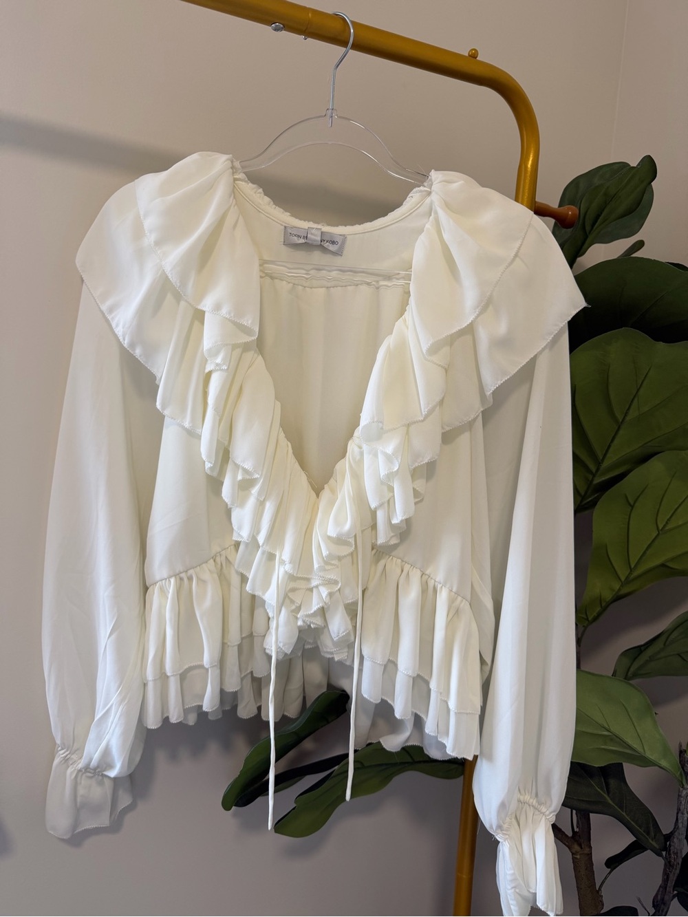 Torn by Ronny Kobo Ivory Ruffled V-Neck Tie-Front Blouse